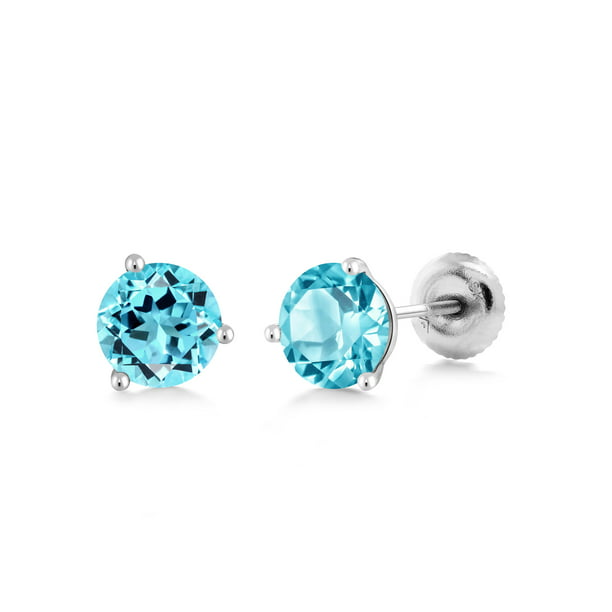 Round 5mm Natural Aquamarine Stud Earrings Solid 925 Sterling Silver Gemstone 